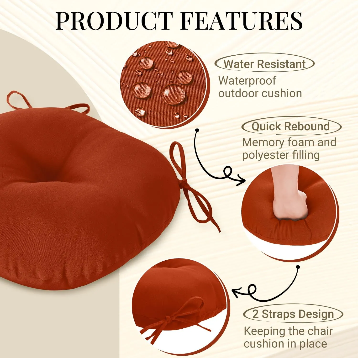 downluxe Bistro Chair Cushions for Patio Furniture, Water-Resistant Round Outdoor Chair Cushions Set of 4 with Non-Slip Ties, 15" x 15", Brick Red