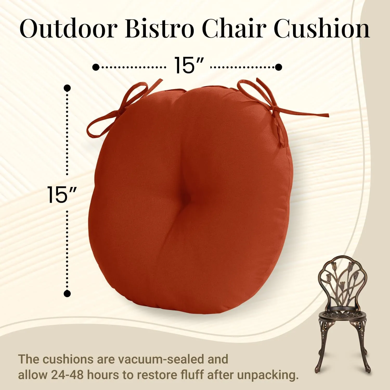 downluxe Bistro Chair Cushions for Patio Furniture, Water-Resistant Round Outdoor Chair Cushions Set of 4 with Non-Slip Ties, 15" x 15", Brick Red