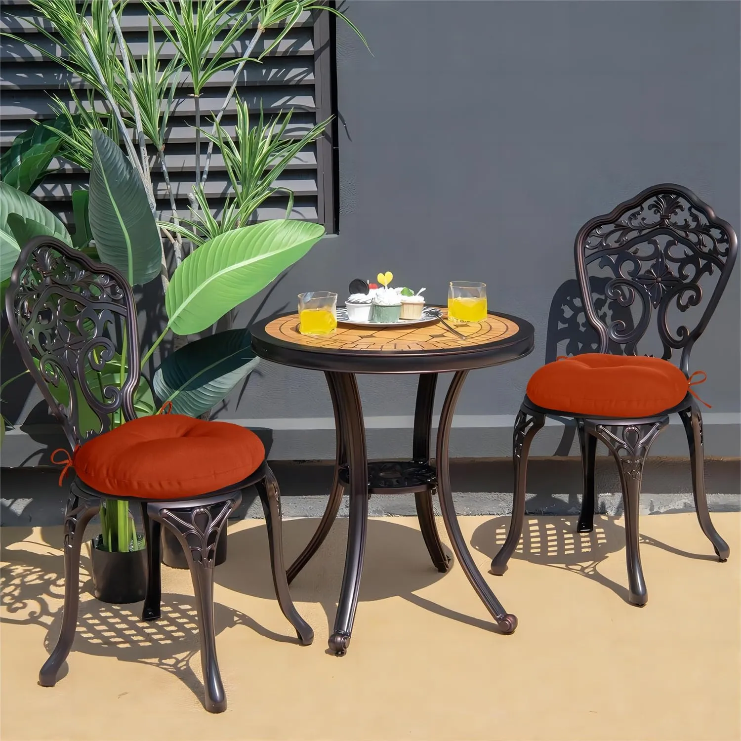 downluxe Bistro Chair Cushions for Patio Furniture, Water-Resistant Round Outdoor Chair Cushions Set of 4 with Non-Slip Ties, 15" x 15", Brick Red