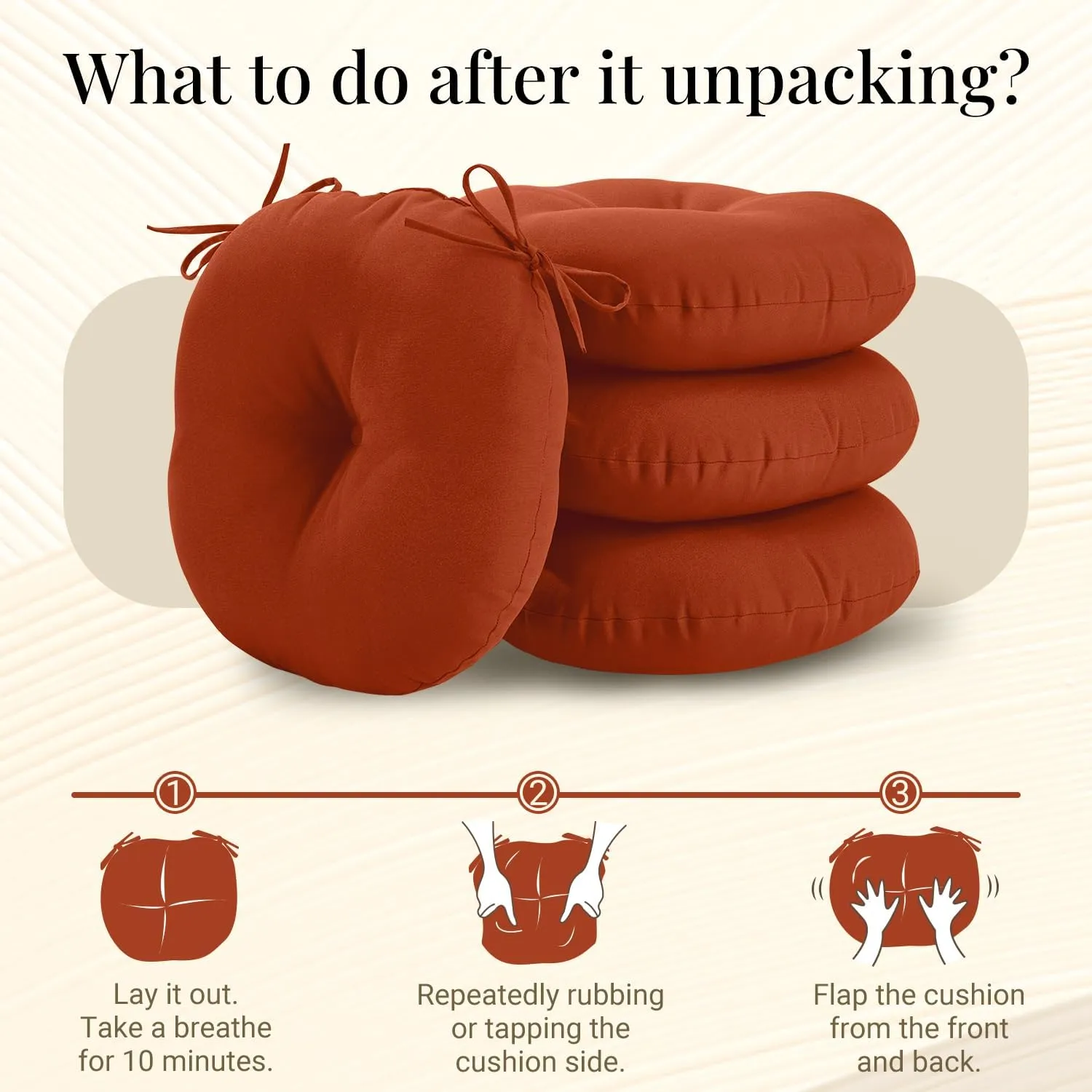 downluxe Bistro Chair Cushions for Patio Furniture, Water-Resistant Round Outdoor Chair Cushions Set of 4 with Non-Slip Ties, 15" x 15", Brick Red