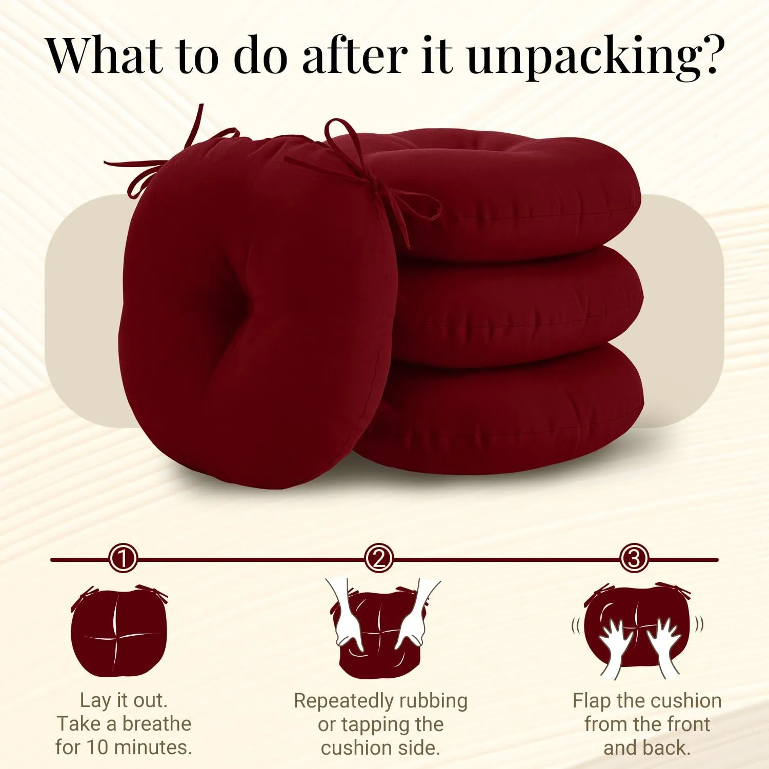 downluxe Bistro Chair Cushions for Patio Furniture, Water-Resistant Round Outdoor Chair Cushions Set of 4 with Non-Slip Ties, 15" x 15", Burgundy