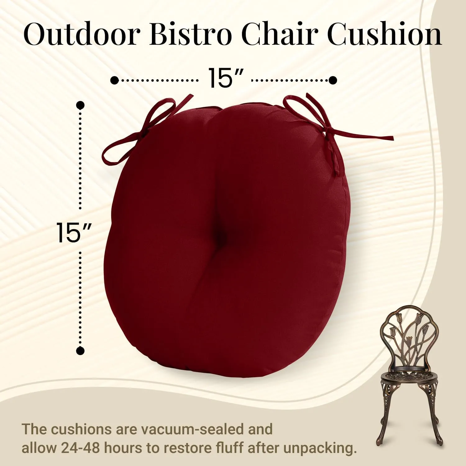 downluxe Bistro Chair Cushions for Patio Furniture, Water-Resistant Round Outdoor Chair Cushions Set of 4 with Non-Slip Ties, 15" x 15", Burgundy