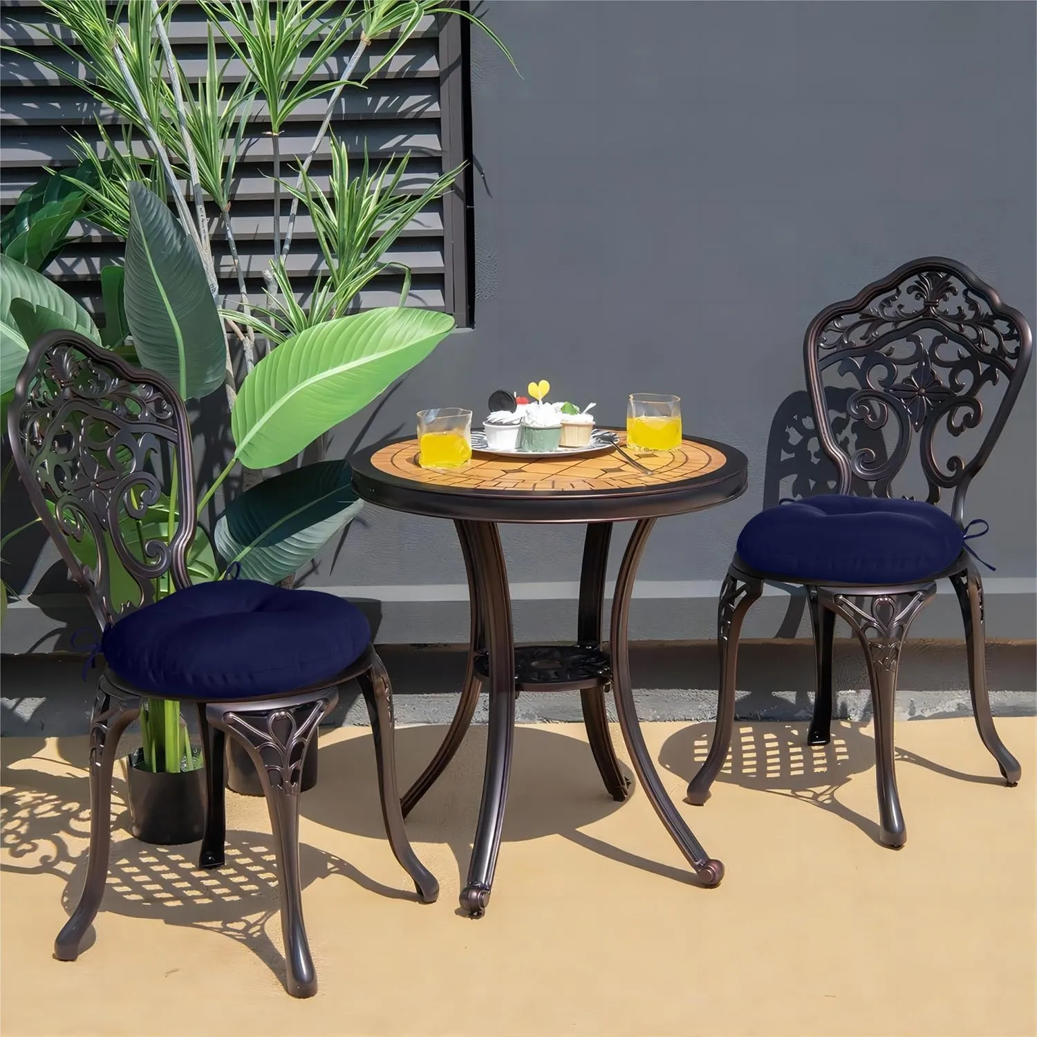 downluxe Bistro Chair Cushions for Patio Furniture, Water-Resistant Round Outdoor Chair Cushions Set of 4 with Non-Slip Ties, 15" x 15", Navy