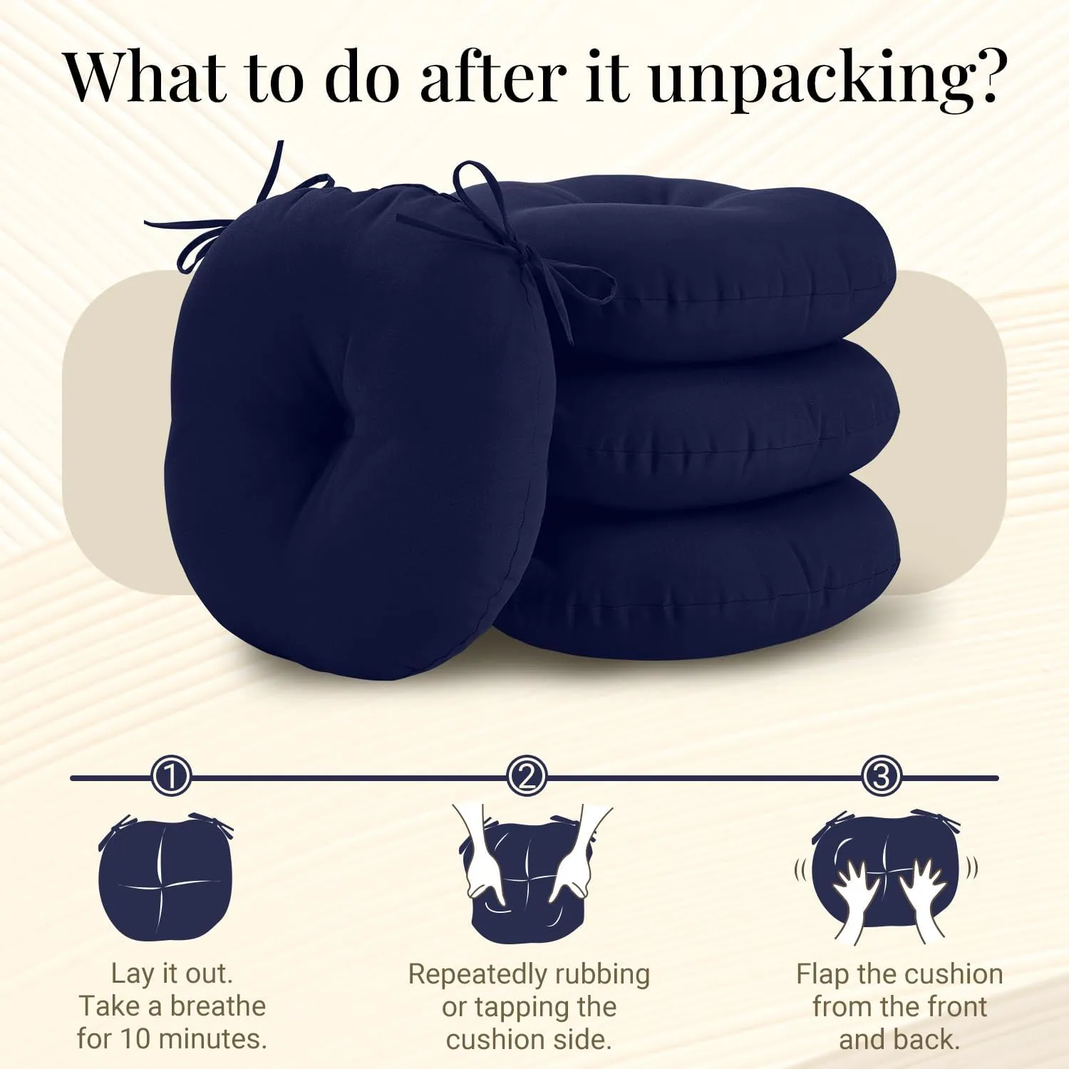 downluxe Bistro Chair Cushions for Patio Furniture, Water-Resistant Round Outdoor Chair Cushions Set of 4 with Non-Slip Ties, 15" x 15", Navy