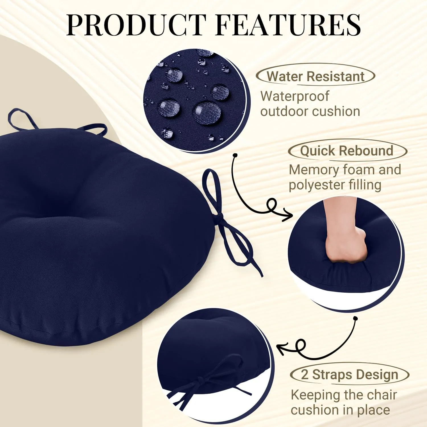 downluxe Bistro Chair Cushions for Patio Furniture, Water-Resistant Round Outdoor Chair Cushions Set of 4 with Non-Slip Ties, 15" x 15", Navy