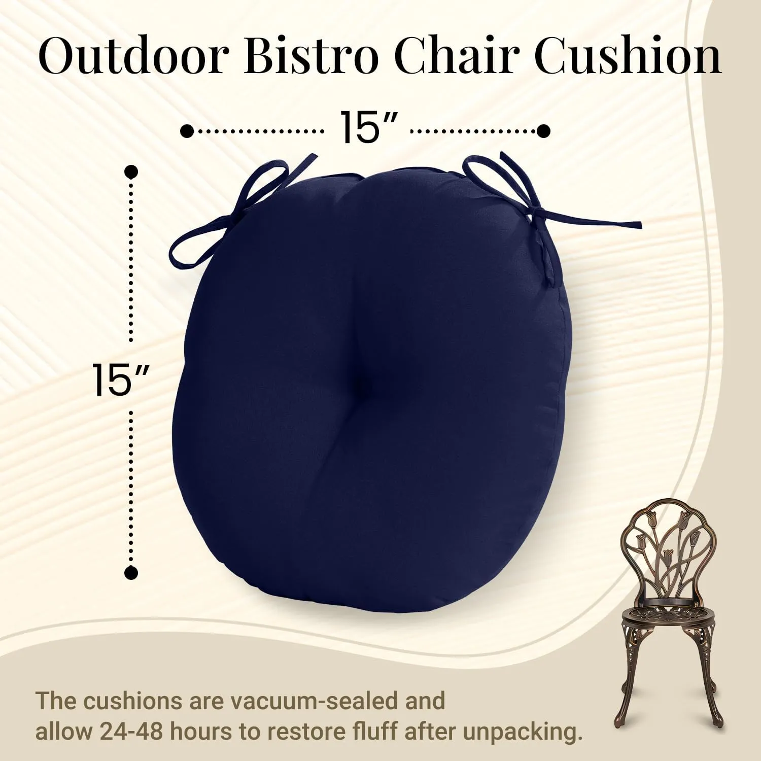 downluxe Bistro Chair Cushions for Patio Furniture, Water-Resistant Round Outdoor Chair Cushions Set of 4 with Non-Slip Ties, 15" x 15", Navy