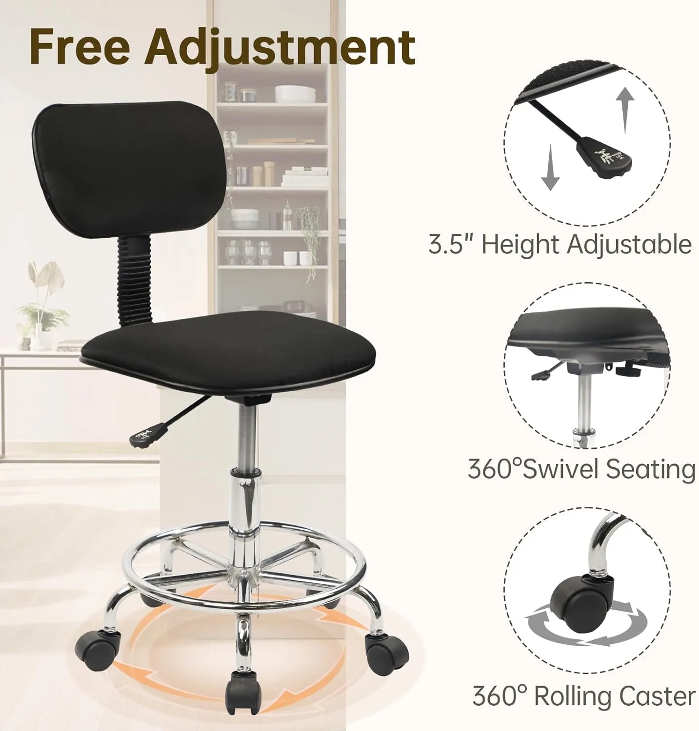 Drafting Chair Rolling Stool Adjustable Height with Back Support Foot Rest and Wheels Multi-Purpose Desk Chair for Home Office Bar Kitchen Shop, Black, 1 Pack