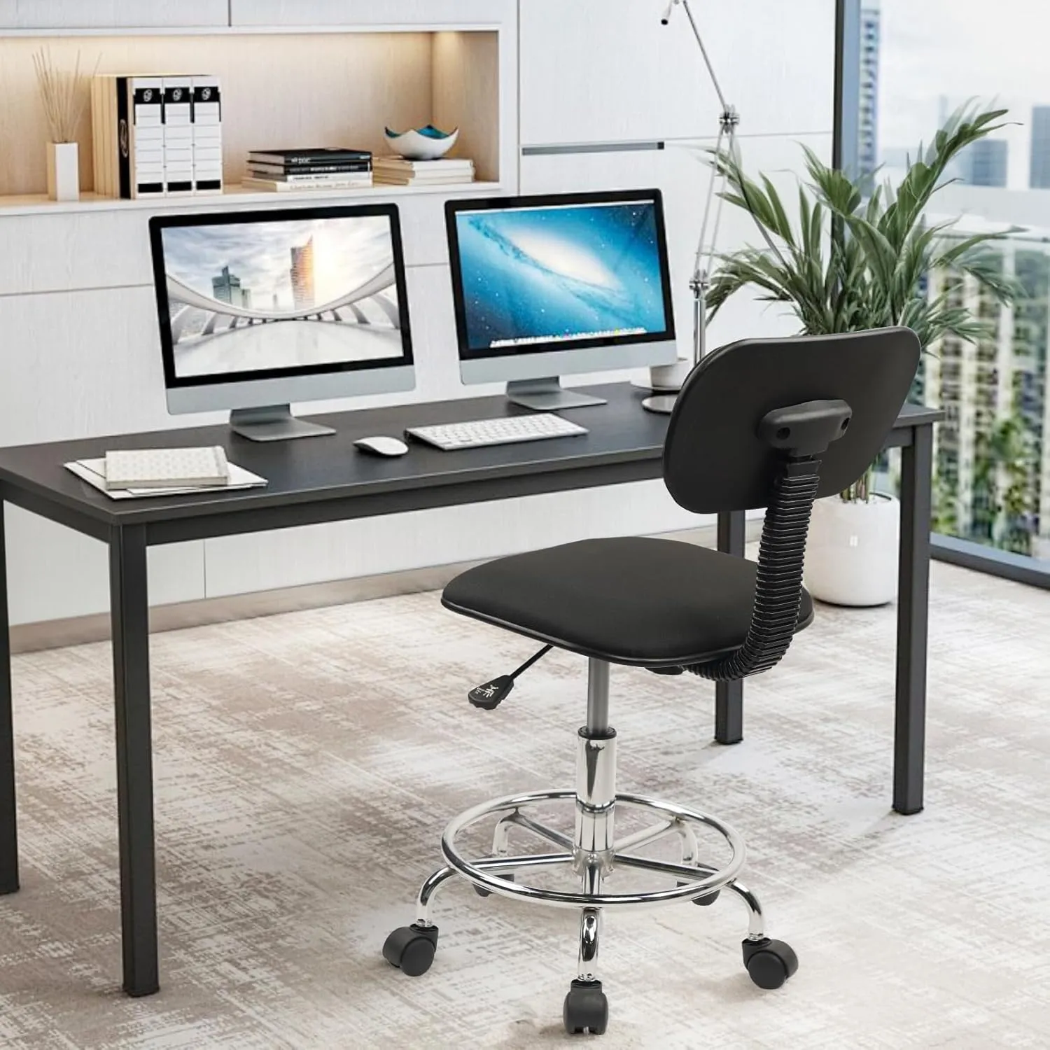 Drafting Chair Rolling Stool Adjustable Height with Back Support Foot Rest and Wheels Multi-Purpose Desk Chair for Home Office Bar Kitchen Shop, Black, 1 Pack