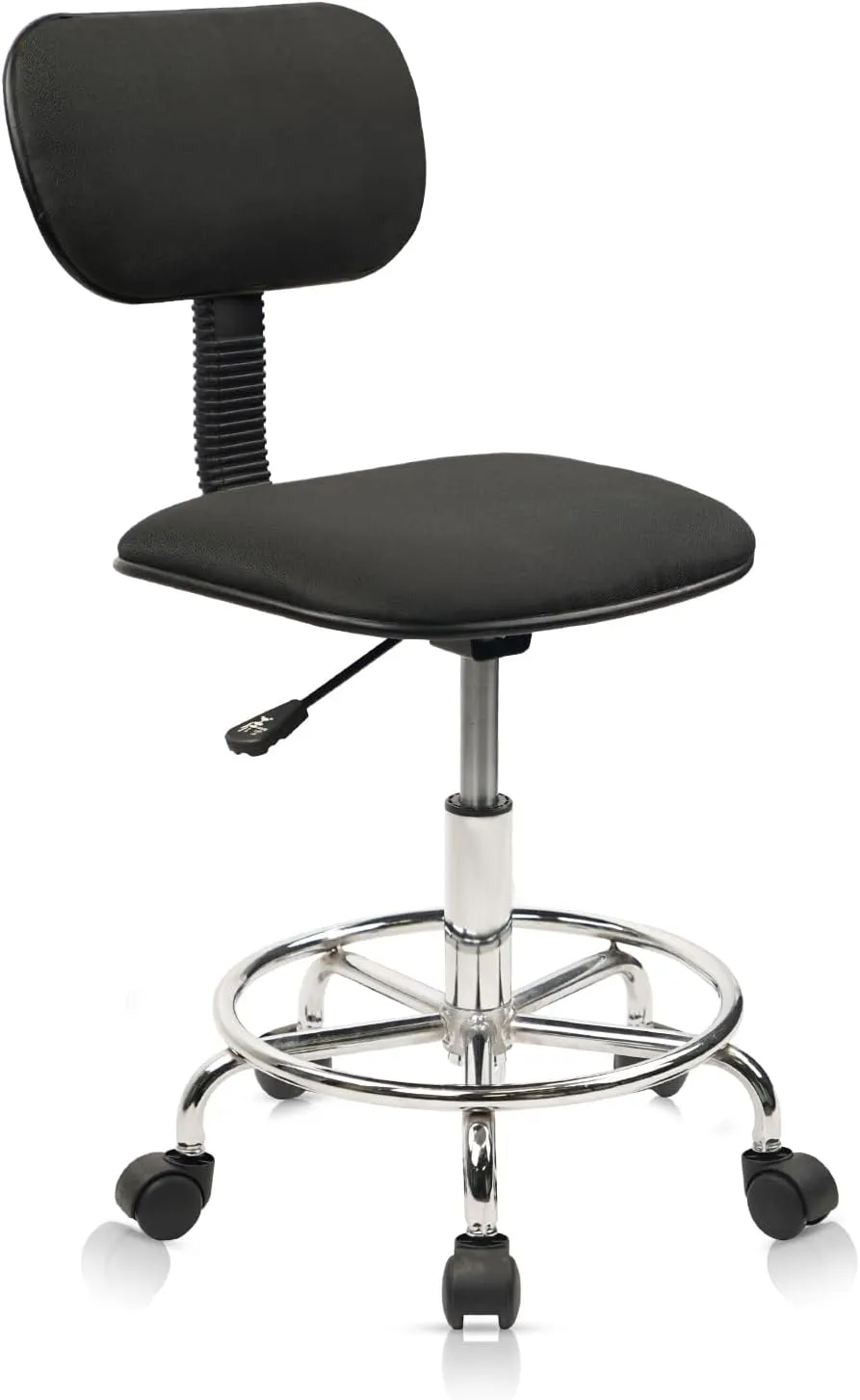 Drafting Chair Rolling Stool Adjustable Height with Back Support Foot Rest and Wheels Multi-Purpose Desk Chair for Home Office Bar Kitchen Shop, Black, 1 Pack