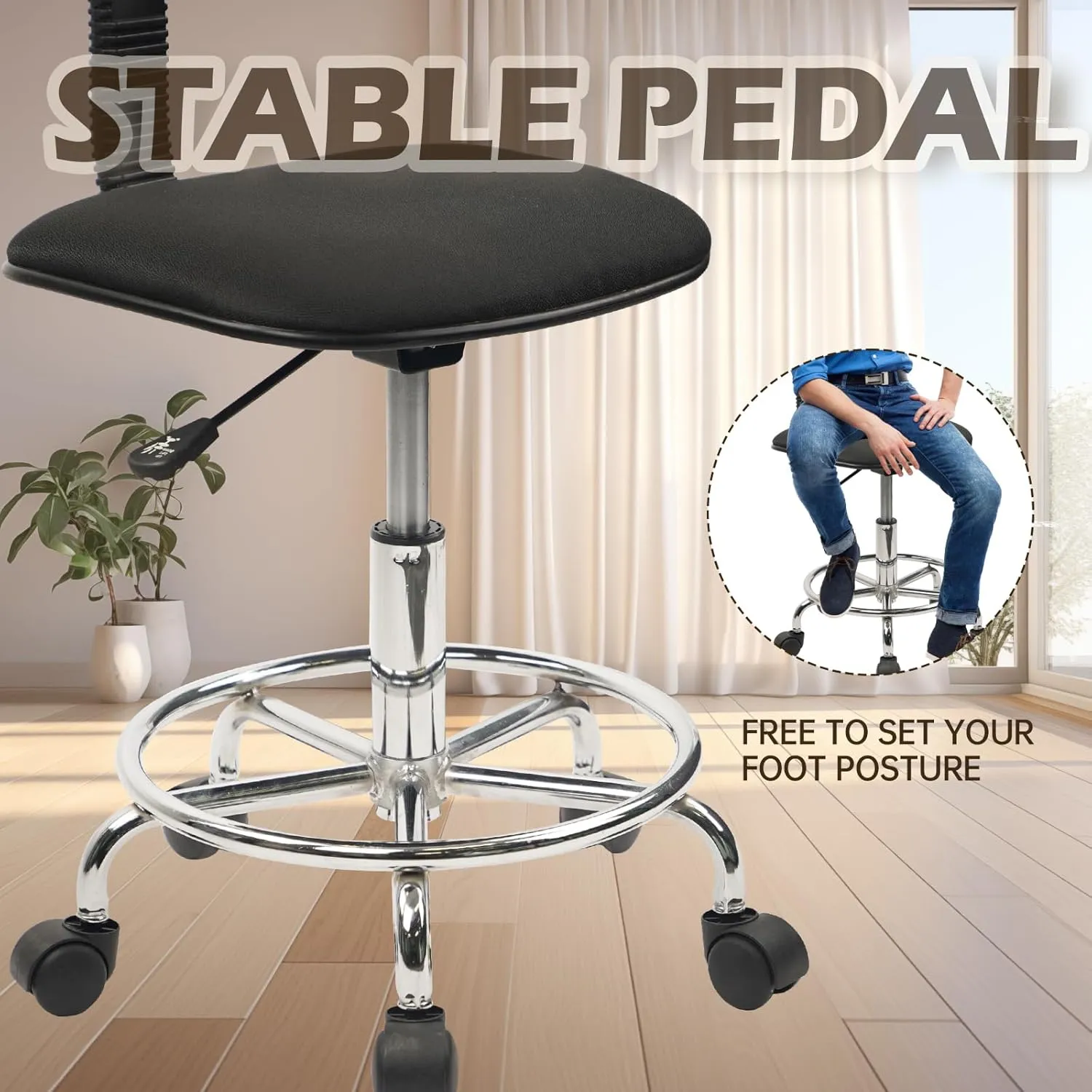 Drafting Chair Rolling Stool Adjustable Height with Back Support Foot Rest and Wheels Multi-Purpose Desk Chair for Home Office Bar Kitchen Shop, Black, 1 Pack