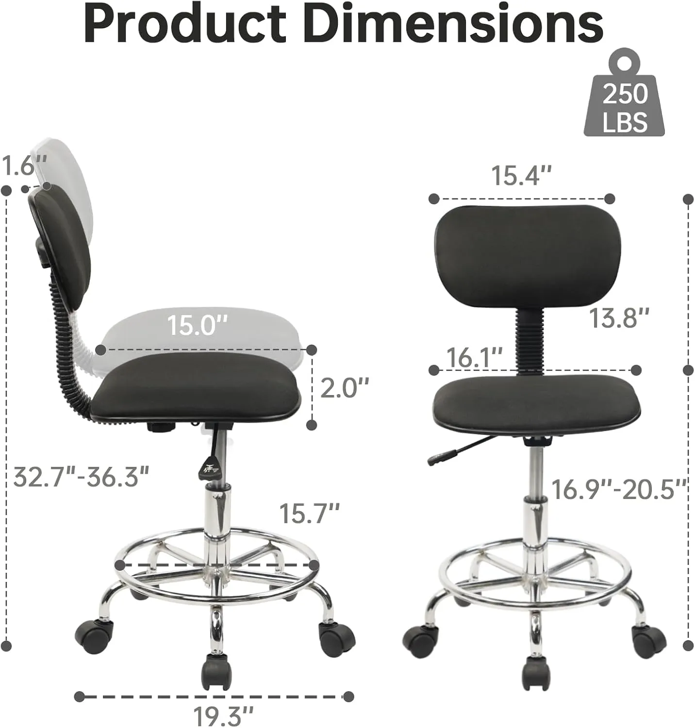 Drafting Chair Rolling Stool Adjustable Height with Back Support Foot Rest and Wheels Multi-Purpose Desk Chair for Home Office Bar Kitchen Shop, Black, 1 Pack