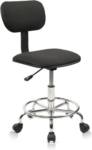 Drafting Chair Rolling Stool Adjustable Height with Back Support Foot Rest and Wheels Multi-Purpose Desk Chair for Home Office Bar Kitchen Shop, Black, 1 Pack