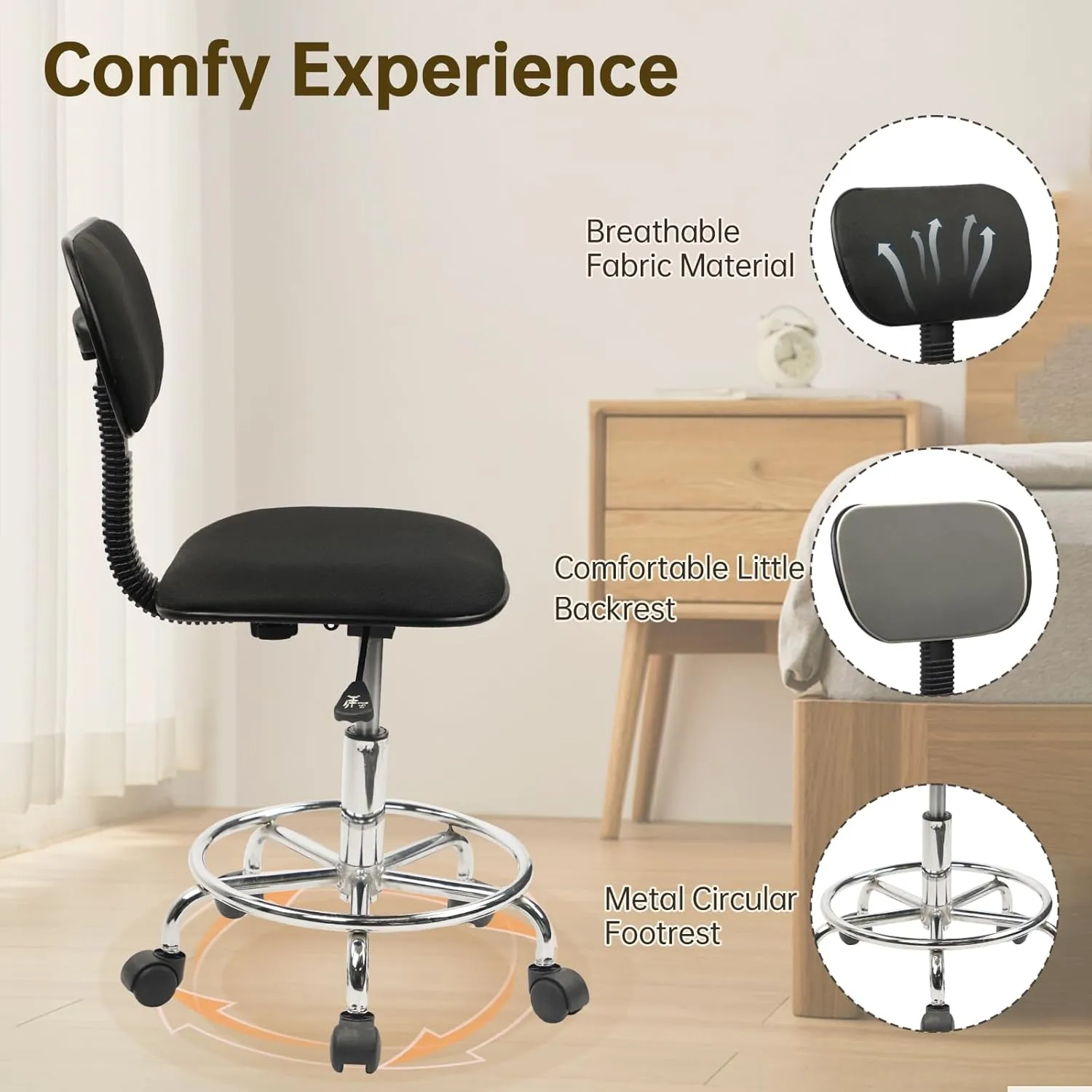 Drafting Chair Rolling Stool Adjustable Height with Back Support Foot Rest and Wheels Multi-Purpose Desk Chair for Home Office Bar Kitchen Shop, Black, 1 Pack