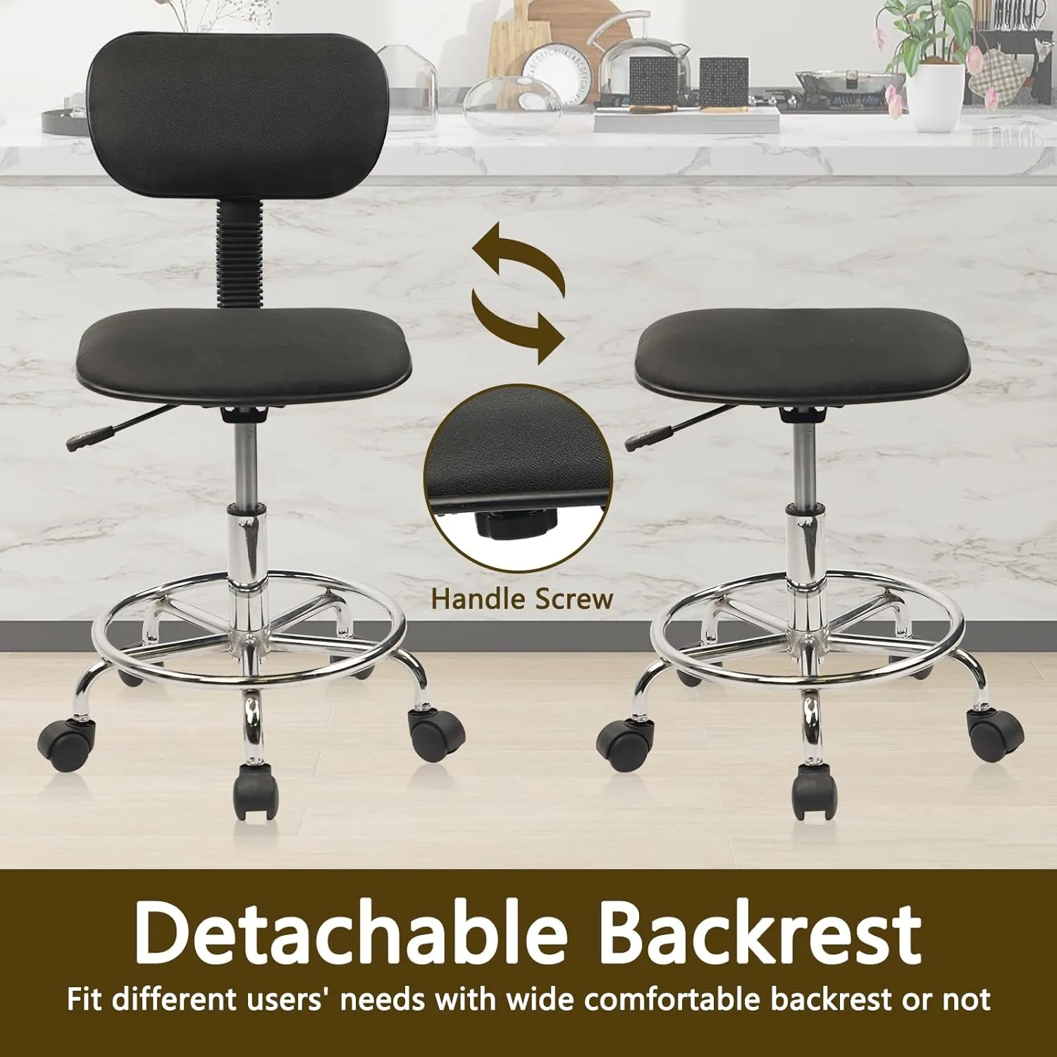 Drafting Chair Rolling Stool Adjustable Height with Back Support Foot Rest and Wheels Multi-Purpose Desk Chair for Home Office Bar Kitchen Shop, Black, 1 Pack