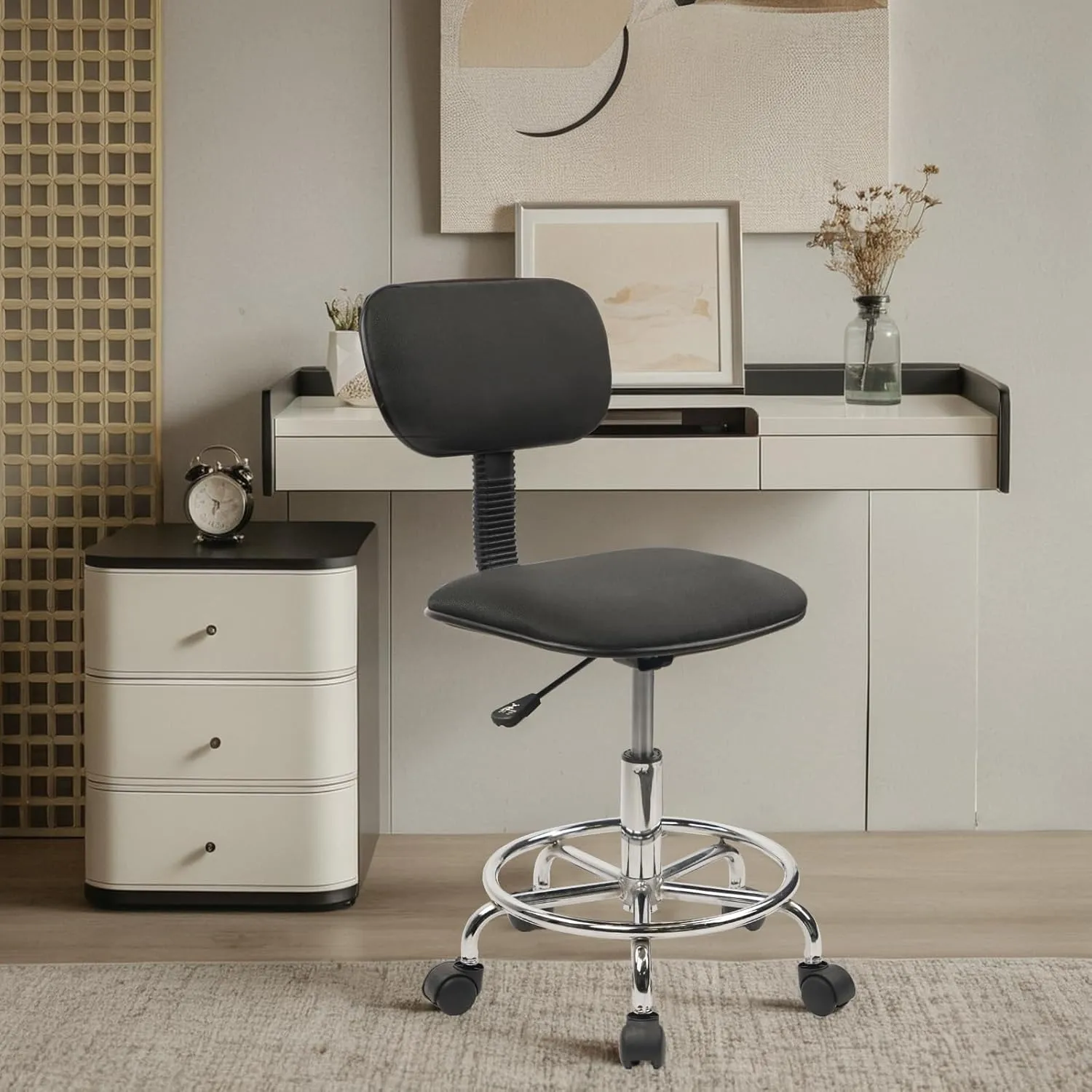 Drafting Chair Rolling Stool Adjustable Height with Back Support Foot Rest and Wheels Multi-Purpose Desk Chair for Home Office Bar Kitchen Shop, Black, 1 Pack
