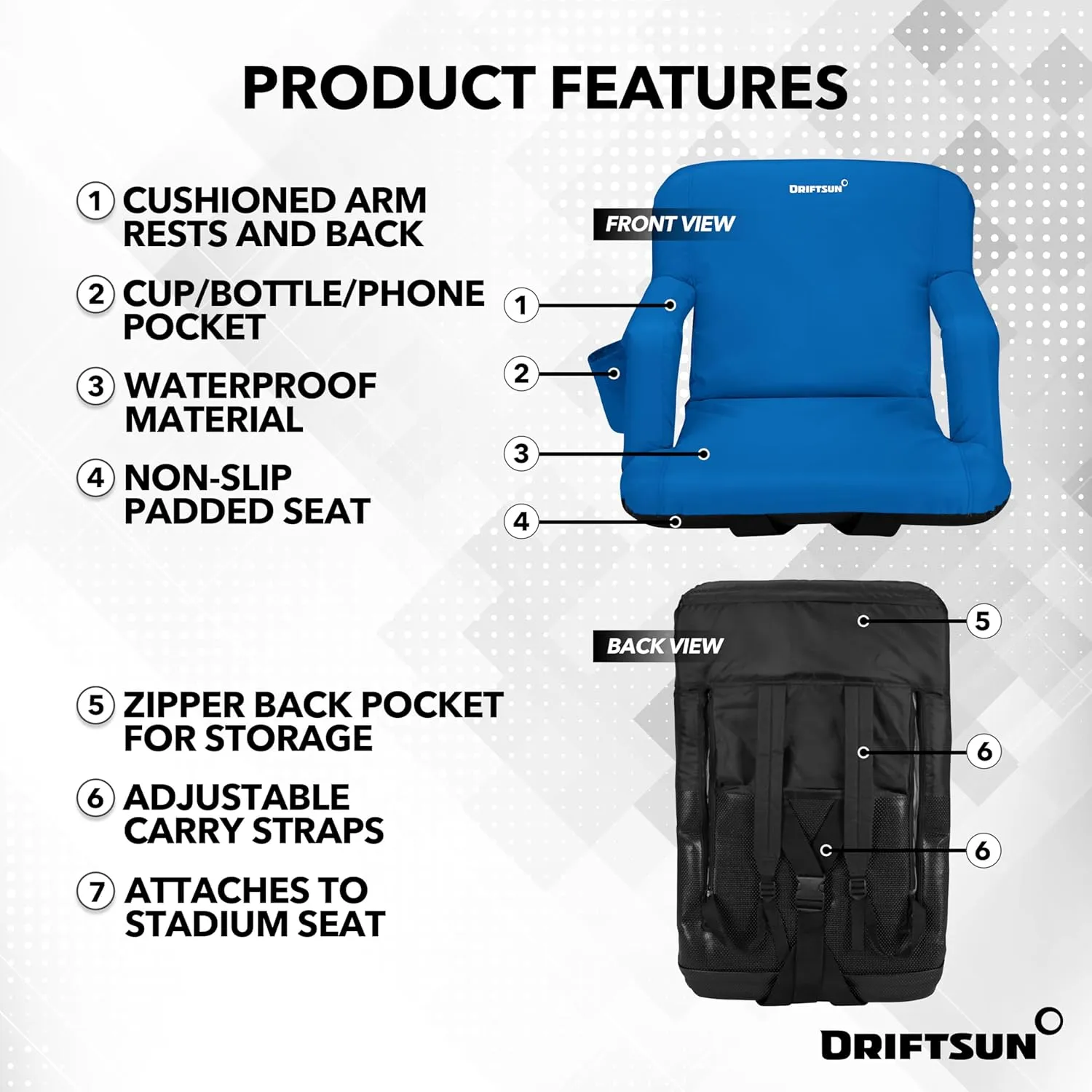 Driftsun Stadium Seats with Back Support, Deluxe Bleacher Chairs with Support Cushion, Padded Seats with Waterproof Chair