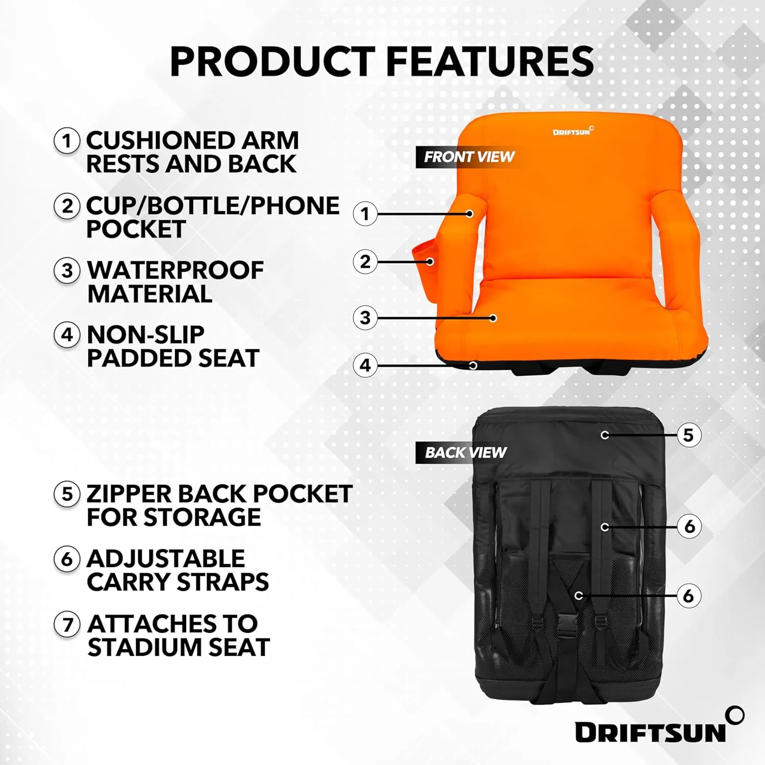 Driftsun Stadium Seats with Back Support, Deluxe Bleacher Chairs with Support Cushion, Padded Seats with Waterproof Chair