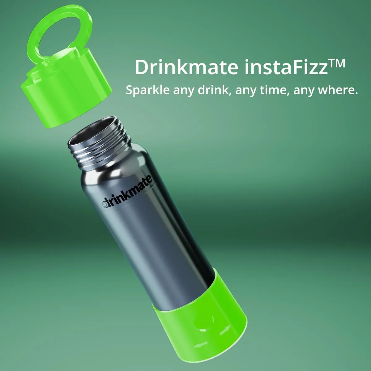 DrinkMate instaFizz Carbonating Water Bottle - Sparkles ANY Drink On the Go - 21oz Stainless Steel, BPA-Free, Wide Mouth, With Insulating Sleeve and Ten 8g CO2 Chargers (Green)