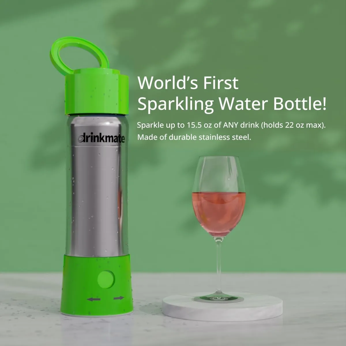 DrinkMate instaFizz Carbonating Water Bottle - Sparkles ANY Drink On the Go - 21oz Stainless Steel, BPA-Free, Wide Mouth, With Insulating Sleeve and Ten 8g CO2 Chargers (Green)