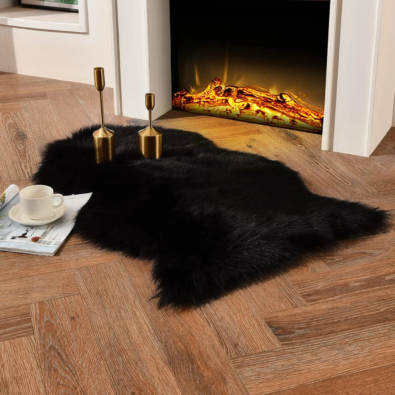 duduta Black Faux Fur Throw Rugs 2x3 ft, Fluffy Shag Sheepskin Rug Seat Chair Covers, Washable Rugs Room Decor
