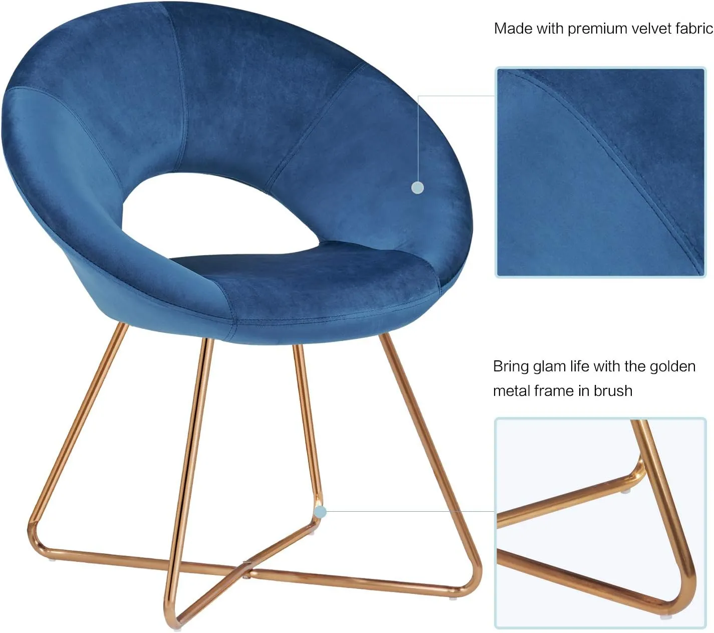 DUHOME Modern Accent Velvet Chairs Dining Chairs Single Sofa Comfy Upholstered Arm Chair Living Room Furniture Mid-Century Leisure Lounge Chairs with Golden Metal Frame Legs 1 PCS Blue