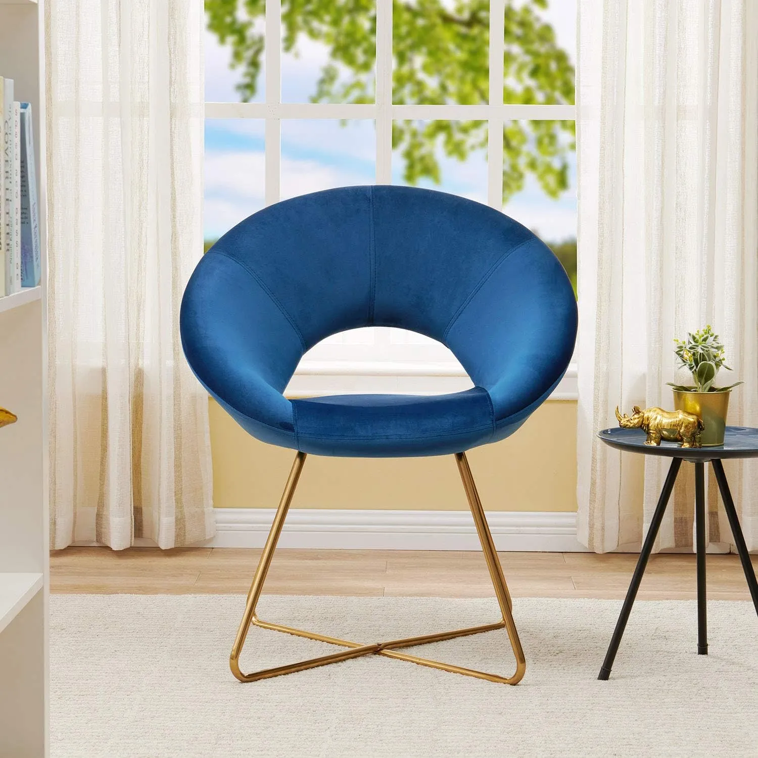 DUHOME Modern Accent Velvet Chairs Dining Chairs Single Sofa Comfy Upholstered Arm Chair Living Room Furniture Mid-Century Leisure Lounge Chairs with Golden Metal Frame Legs 1 PCS Blue