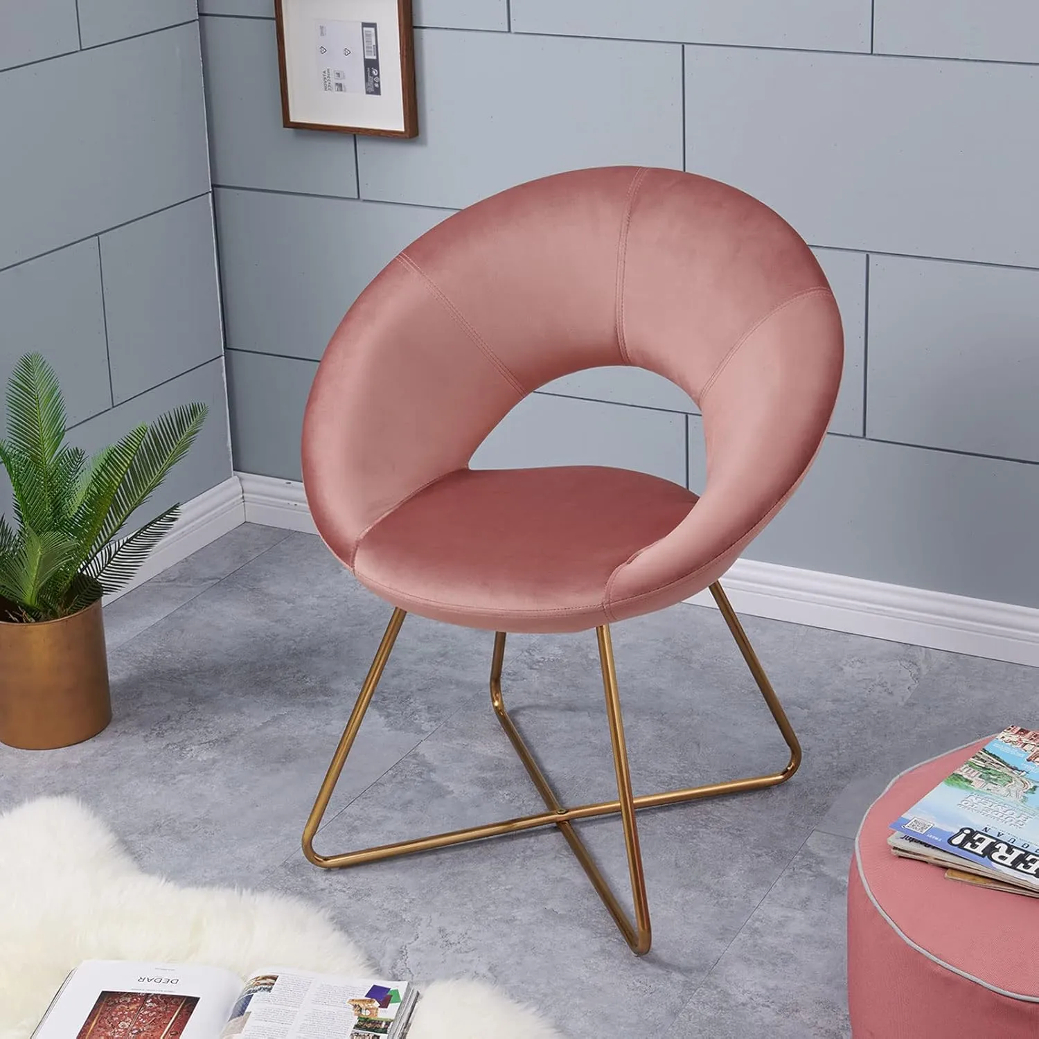 DUHOME Modern Accent Velvet Chairs Dining Chairs Single Sofa Comfy Upholstered Arm Chair Living Room Furniture Mid-Century Leisure Lounge Chairs with Golden Metal Frame Legs 1 PCS Pink