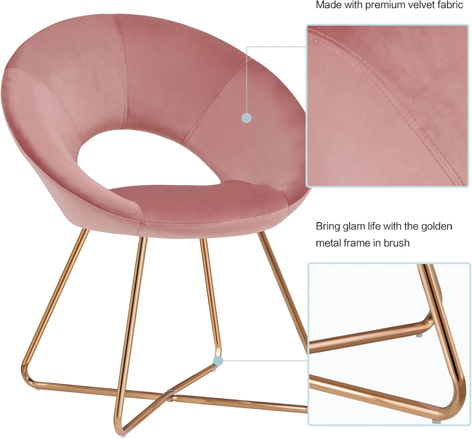 DUHOME Modern Accent Velvet Chairs Dining Chairs Single Sofa Comfy Upholstered Arm Chair Living Room Furniture Mid-Century Leisure Lounge Chairs with Golden Metal Frame Legs 1 PCS Pink