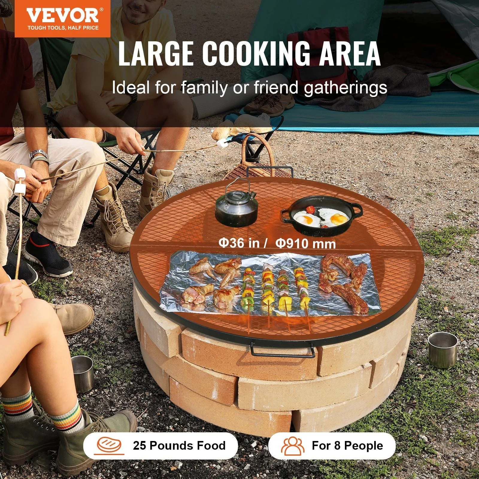 Duty BBQ Campfire Support VEVOR Grill Grate, Camping with Handle Black Grate, Round Cooking Steel Party, 36 for Inch Wire, Grid Foldable Fast dispatch Pit X Grill Fire Portable Outside X-Marks Heavy Cookware Worth the price and