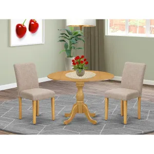 East West Furniture DMAB3-OAK-04 3 Piece Kitchen Table Set Contains a Round Dining Room Table with Dropleaf and 2 Light Tan Linen Fabric Parsons Dining Chairs, 42x42 Inch, Oak