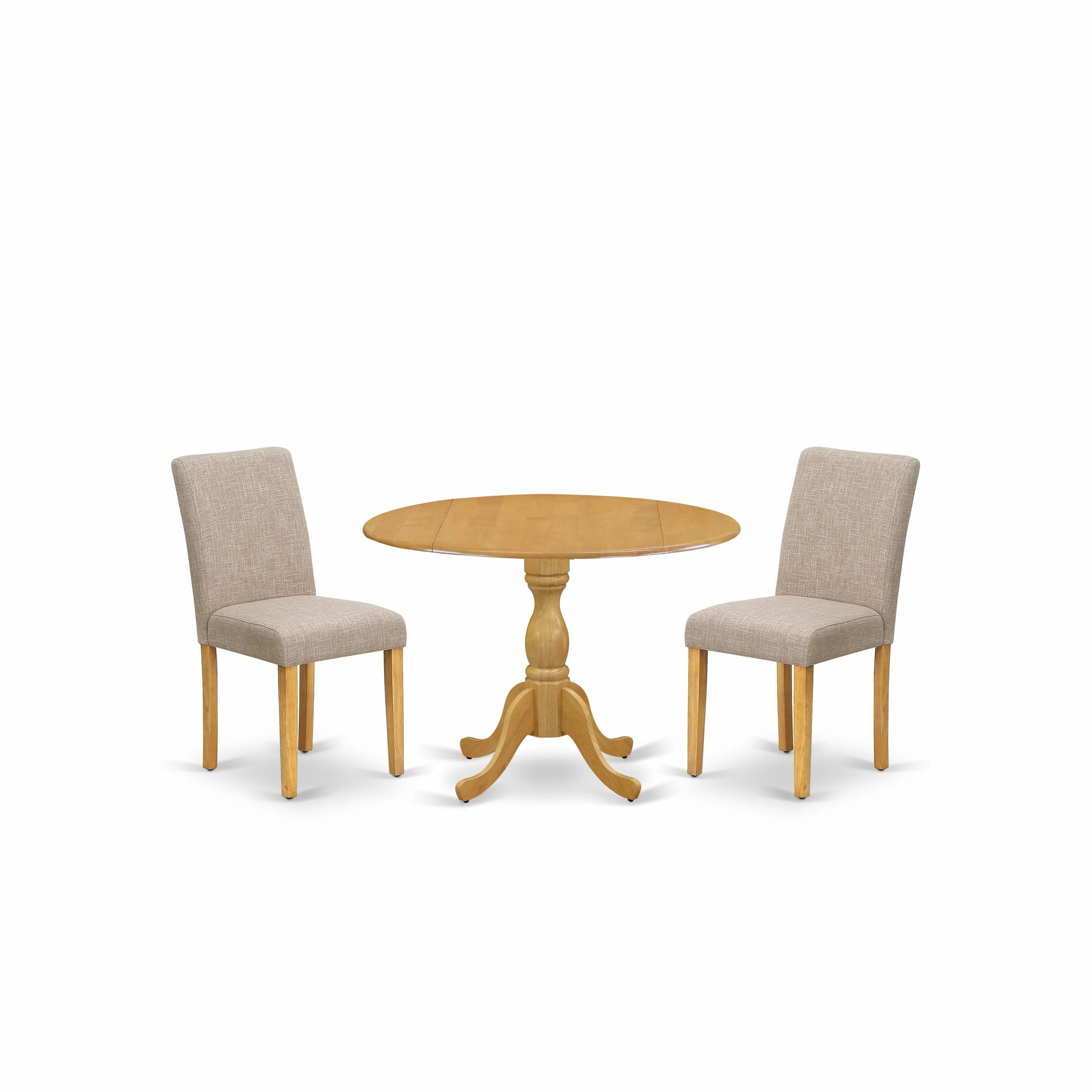 East West Furniture DMAB3-OAK-04 3 Piece Kitchen Table Set Contains a Round Dining Room Table with Dropleaf and 2 Light Tan Linen Fabric Parsons Dining Chairs, 42x42 Inch, Oak