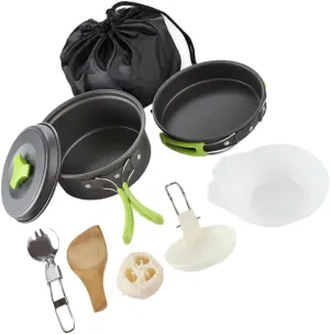 Easy-Clean Camping Cookware Set Folding Handle 1-2 Person Cooking Kit for Hiking Picnic and Outdoor Activities