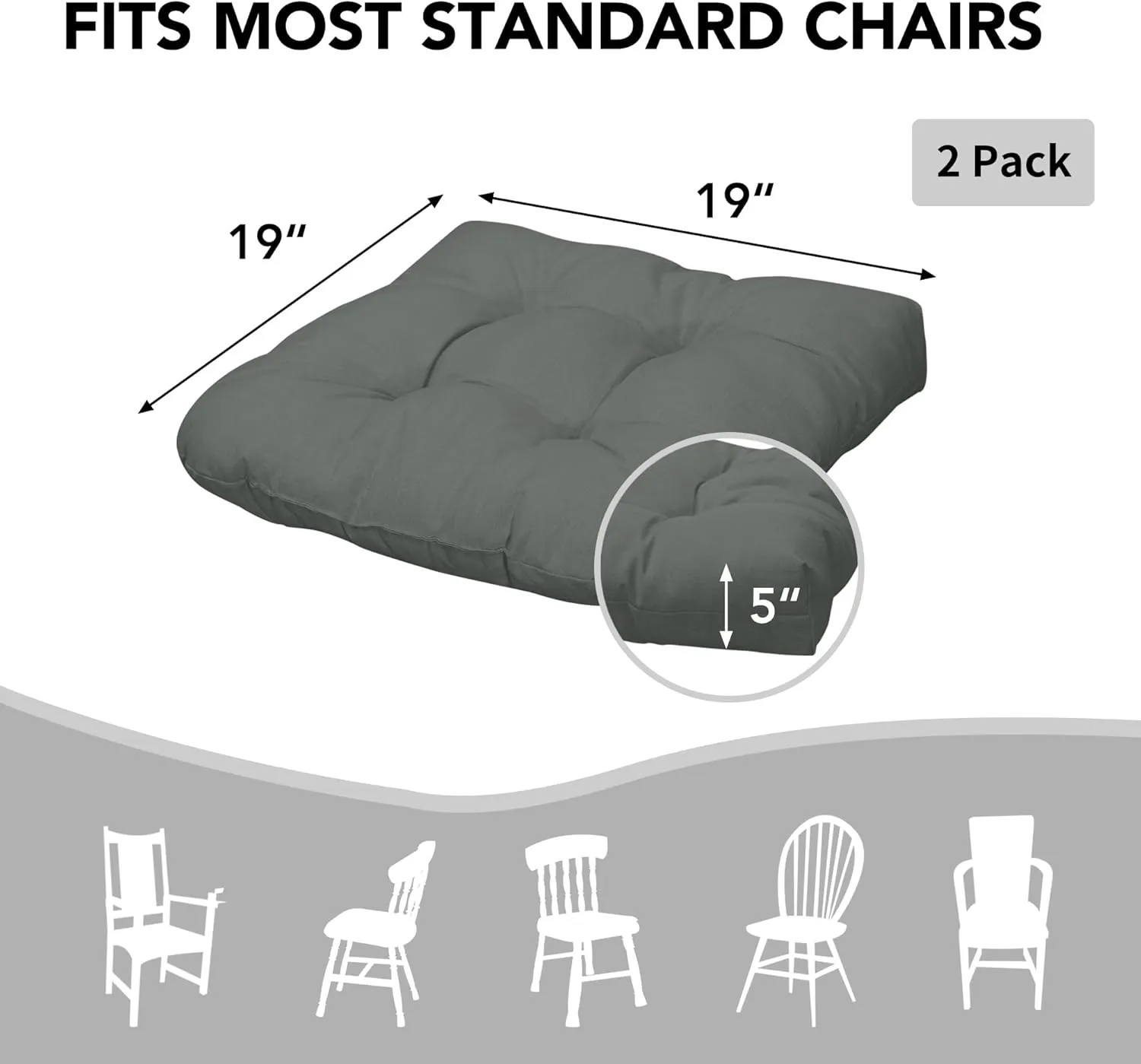 Easy-Going 2 Pack 19"x19" Outdoor Water Resistant Patio Wicker Chair Cushions Reversible Tufted Pads Seat Indoor Furniture Dark Grey
