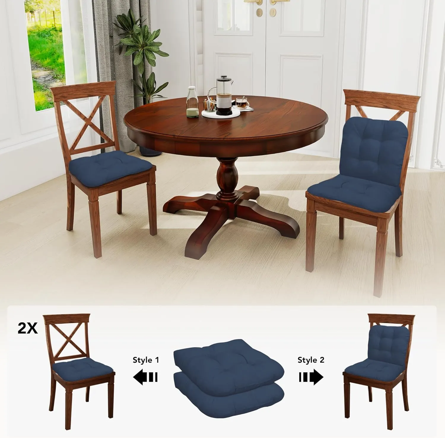 Easy-Going 2 Pack 19"x19" Outdoor Water Resistant Patio Wicker Chair Cushions Reversible Tufted Pads Seat Indoor Furniture Navy