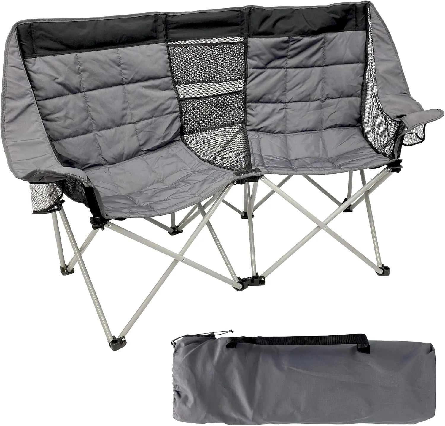 EasyGo Product Camping Chair - Double Love Seat Heavy Duty Oversized - Folds Easily and is Padded, Black Grey