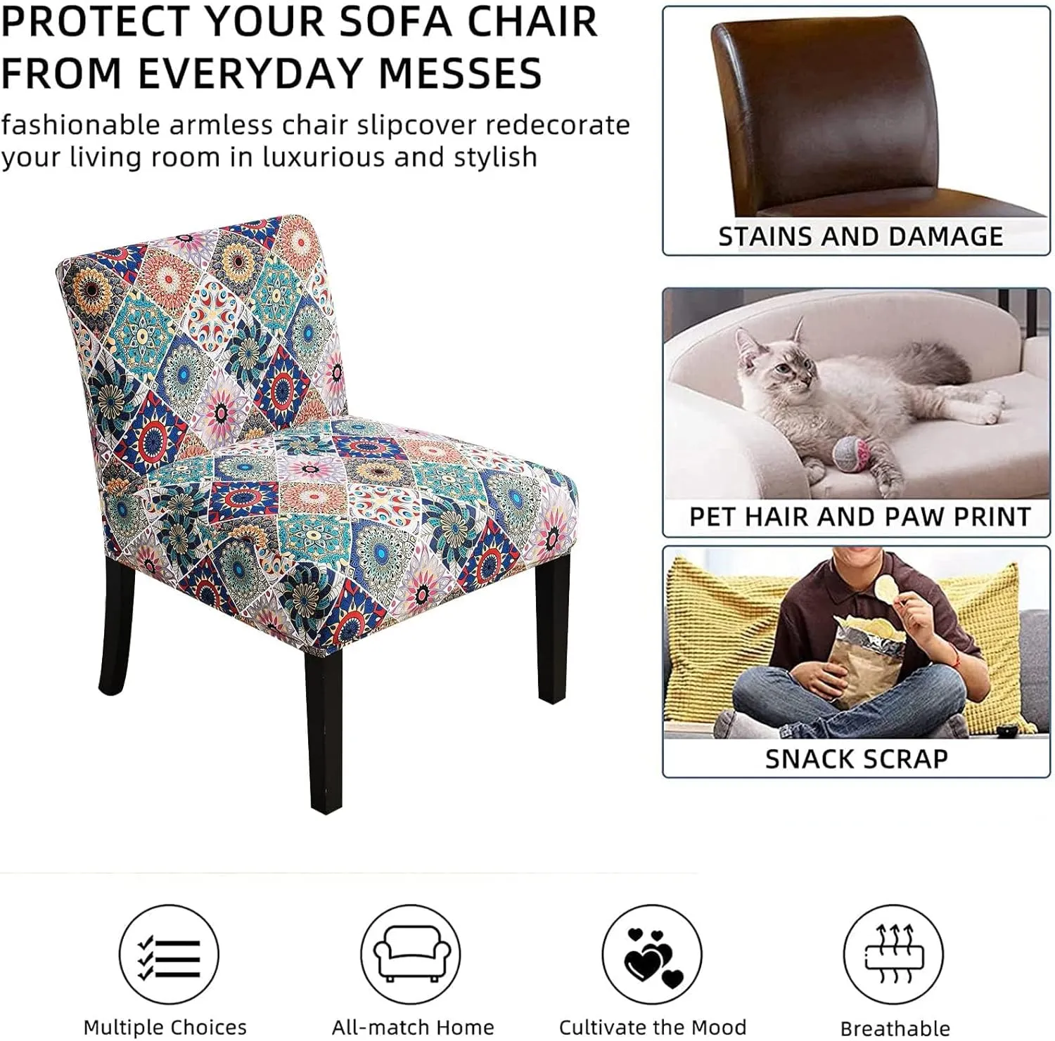 Eco-Ancheng Armless Accent Chair Cover Slipcover Stretch Spandex Slipper Chair Cover Removable Washable for Armless Chair Slipcover Furniture Protector Covers for Living Dining Room Hotel