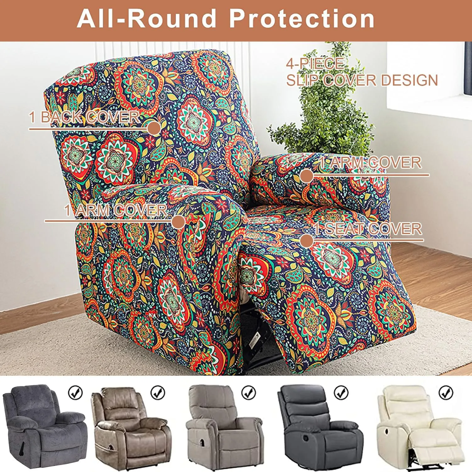 Eco-Ancheng Recliner Slipcovers 4-Pieces Lazyboy Recliner Covers Recliner Couch Covers Recliner Chair Cover Non Slip Reclining Slipcovers with Storage Pockets Furniture Protector for Living Room