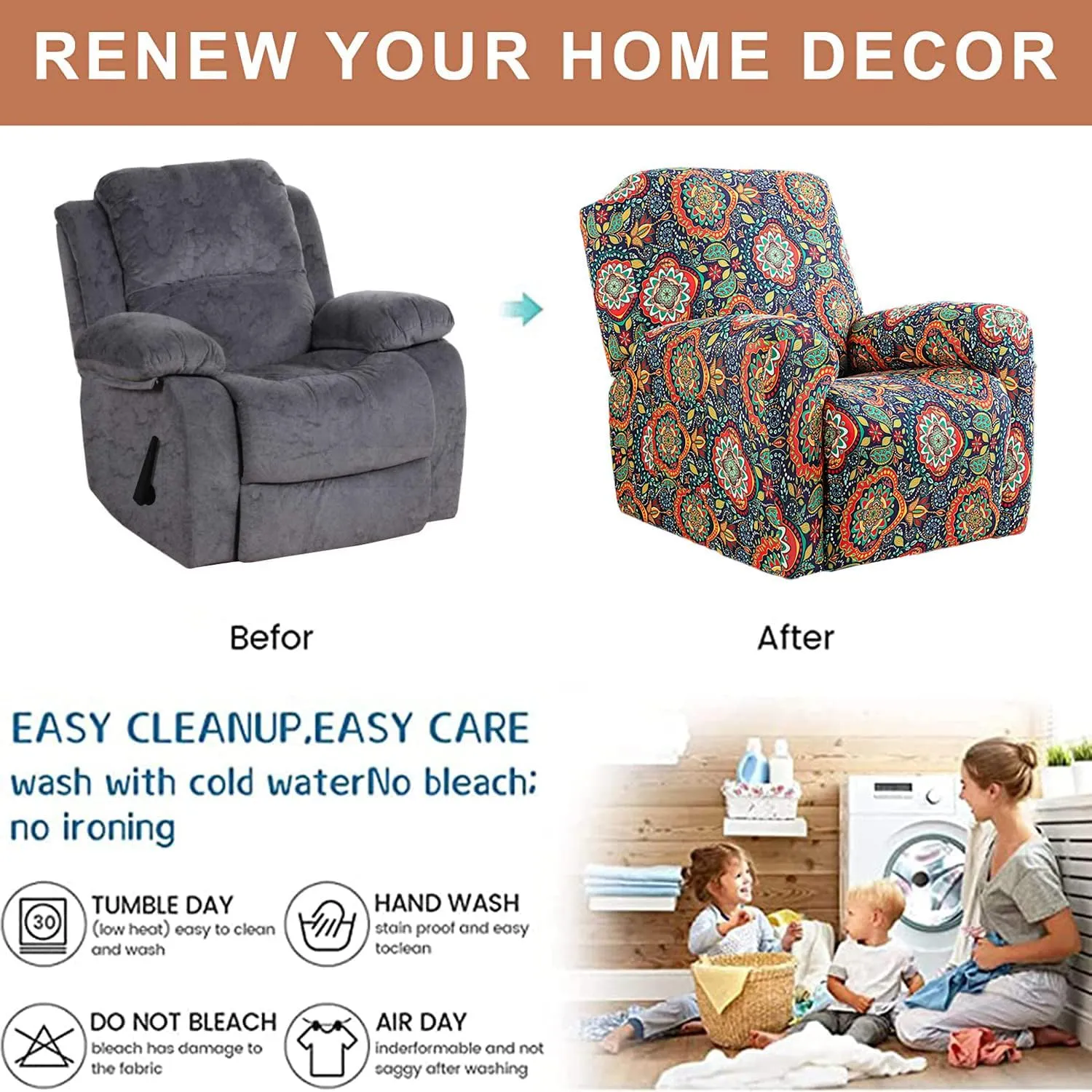 Eco-Ancheng Recliner Slipcovers 4-Pieces Lazyboy Recliner Covers Recliner Couch Covers Recliner Chair Cover Non Slip Reclining Slipcovers with Storage Pockets Furniture Protector for Living Room