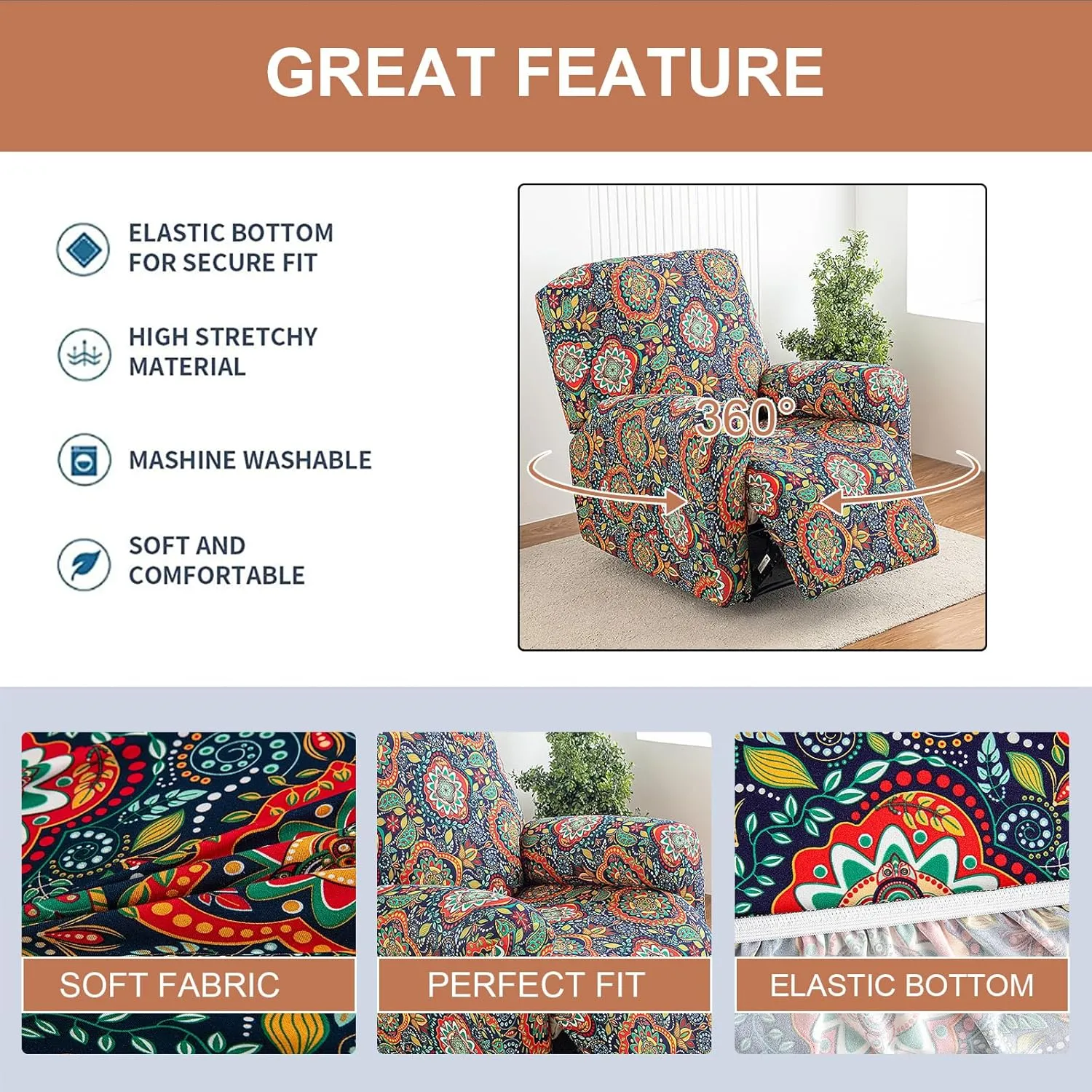 Eco-Ancheng Recliner Slipcovers 4-Pieces Lazyboy Recliner Covers Recliner Couch Covers Recliner Chair Cover Non Slip Reclining Slipcovers with Storage Pockets Furniture Protector for Living Room