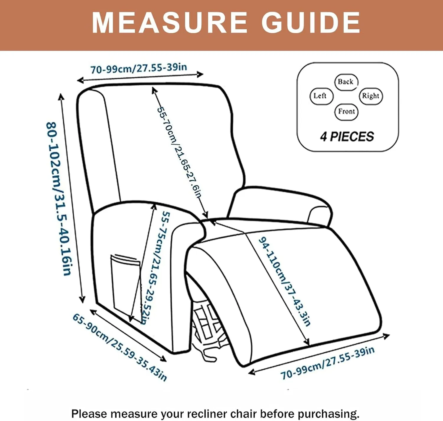 Eco-Ancheng Recliner Slipcovers 4-Pieces Lazyboy Recliner Covers Recliner Couch Covers Recliner Chair Cover Non Slip Reclining Slipcovers with Storage Pockets Furniture Protector for Living Room