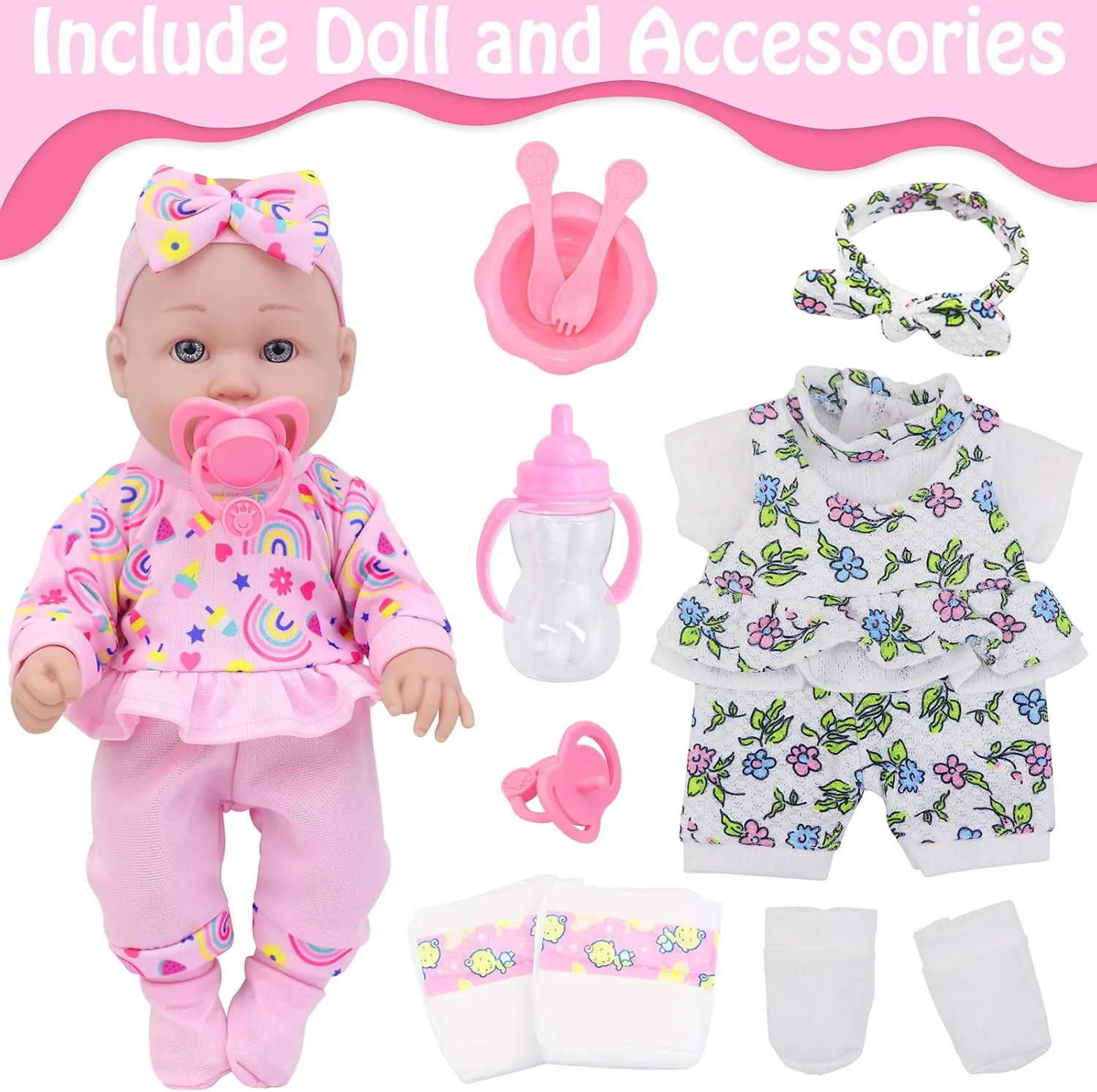 Ecore Fun 12 Inch Baby Doll with Clothes and Accessories,16 Pcs Reborn Alive Doll Playset Sets Include 12 Inch Doll,2 Sets of Clothes,Headband,Soft Socks,Tableware ,Feeding Bottle, Diapers,Nipple