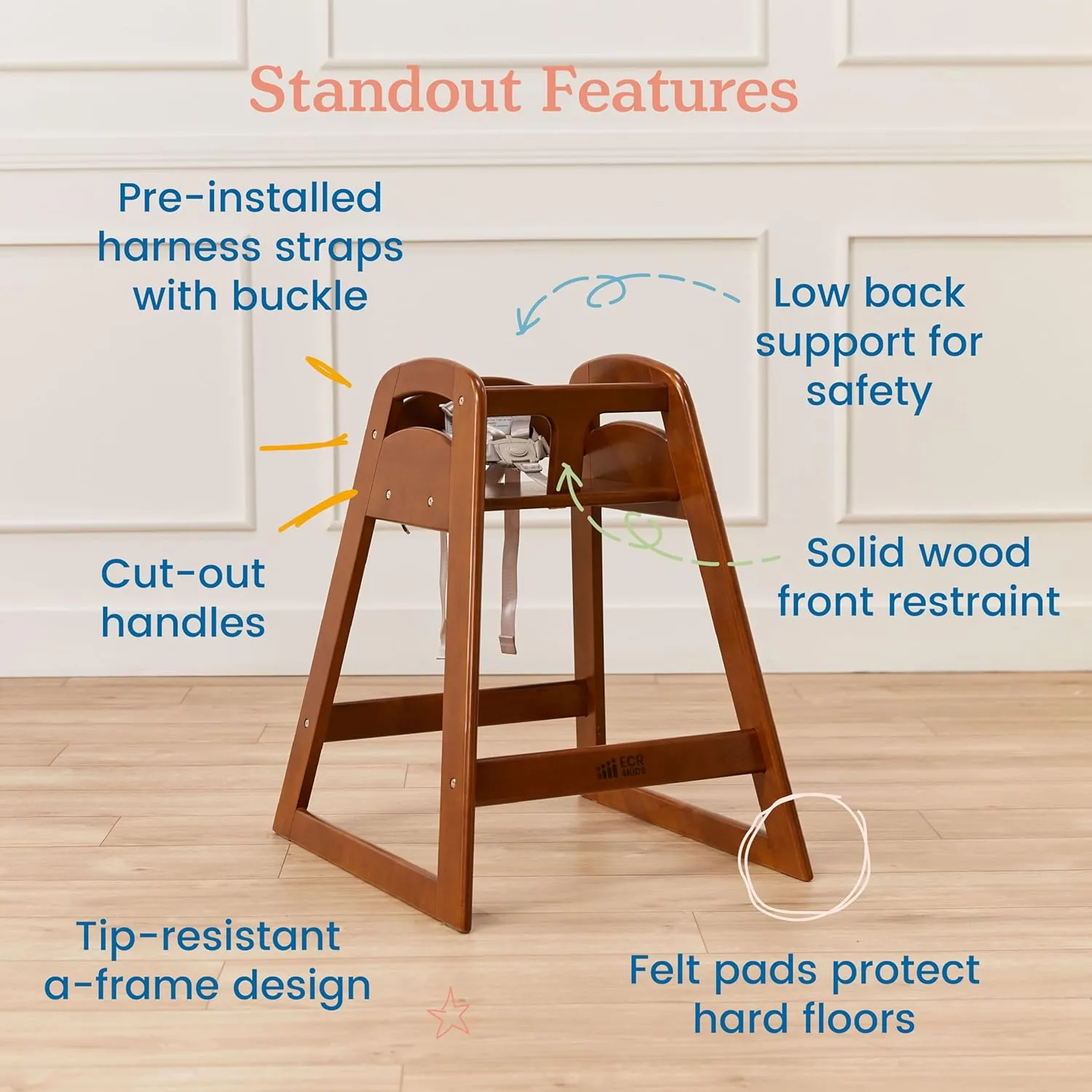 ECR4Kids ASATT High Chair, Toddler Chair, Dark Walnut