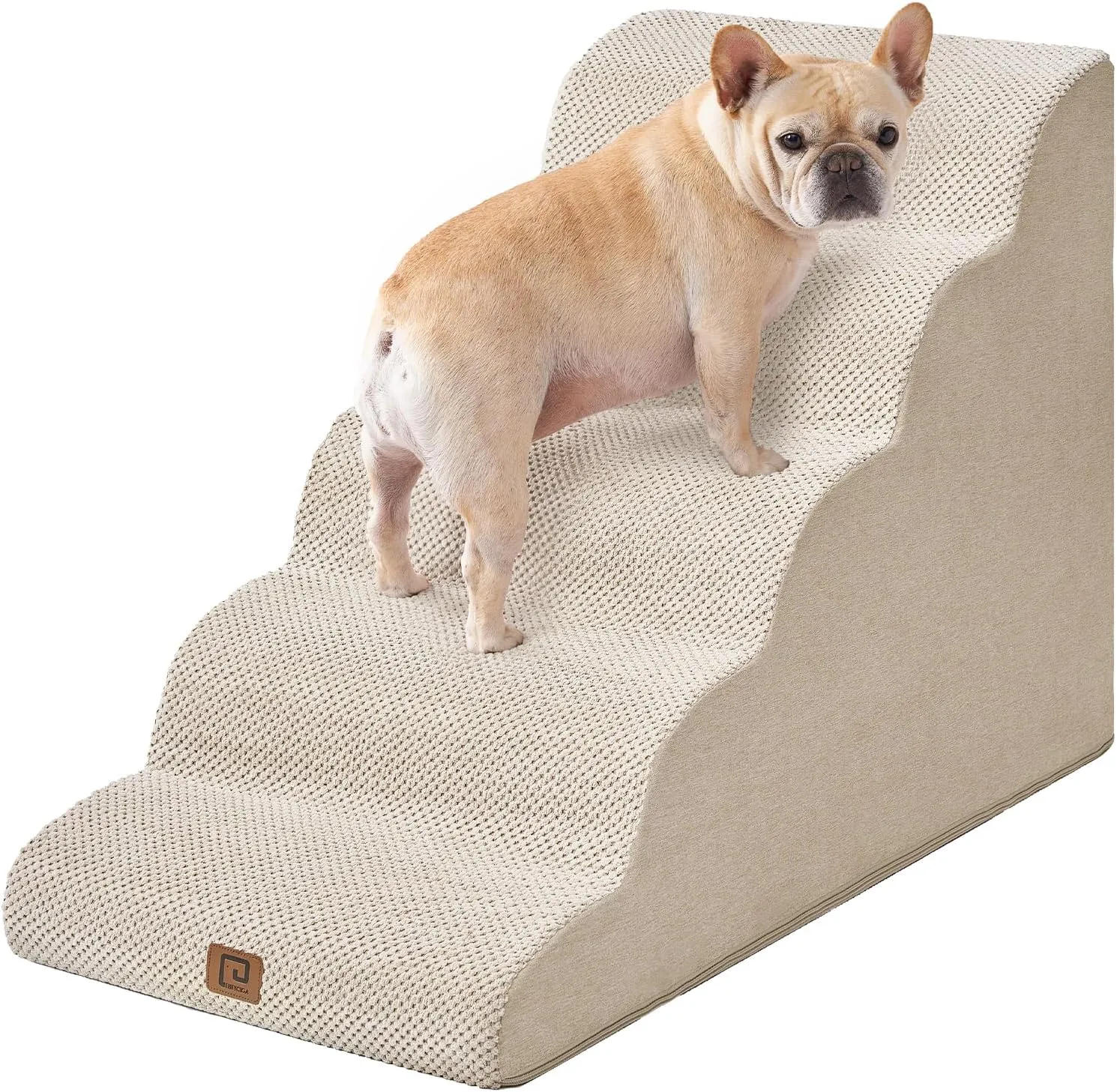 EHEYCIGA Curved Dog Stairs Ramp for High Beds, 5-Step Extra Wide Dog Steps for Small Dogs and Cats, Pet Stairs for High Bed Climbing, Non-Slip Balanced Pet Step Indoor, Beige