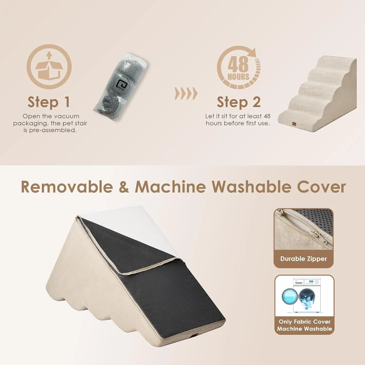 EHEYCIGA Curved Dog Stairs Ramp for High Beds, 5-Step Extra Wide Dog Steps for Small Dogs and Cats, Pet Stairs for High Bed Climbing, Non-Slip Balanced Pet Step Indoor, Beige