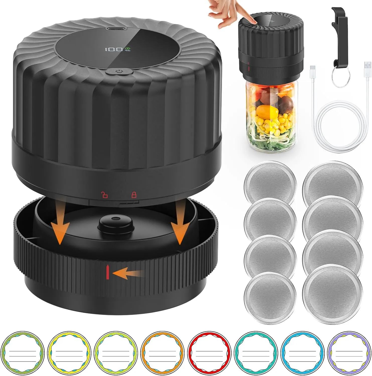 Electric Mason Jar Vacuum Sealer for Cannning＆Food Storage,Led Display,All-in-One Mason Jars Kit for Wide Mouth＆Regular Mouth Jars,Cordless Vacuum Sealer for Kitchen Supplies-8 Jar Lids
