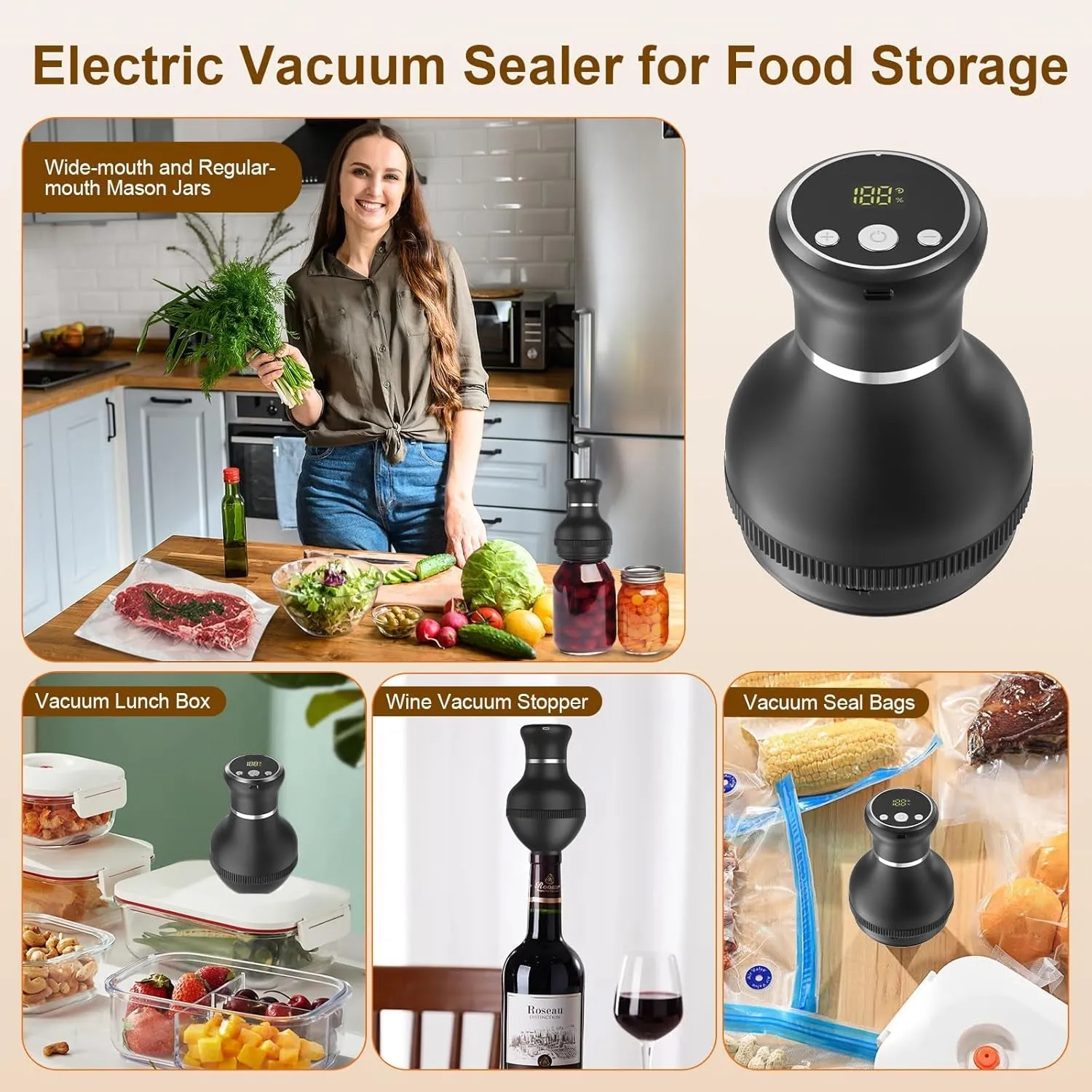 Electric Mason Jar Vacuum Sealer Kit - Compatible with Wide & Regular Mouth Canning Lids, Includes Vacuum Seal Bags & Wine Stoppers for Food Storage & Preservation
