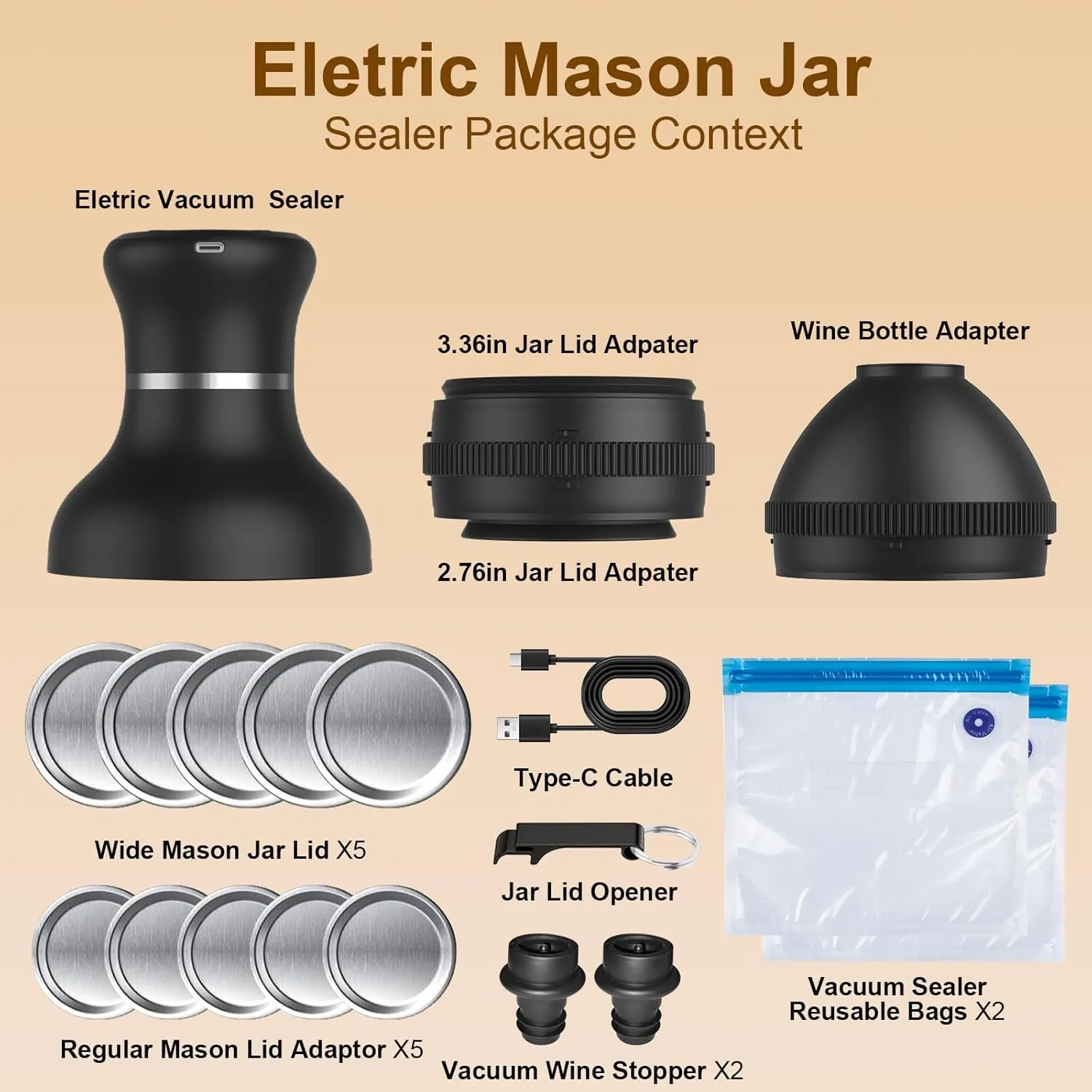 Electric Mason Jar Vacuum Sealer Kit - Compatible with Wide & Regular Mouth Canning Lids, Includes Vacuum Seal Bags & Wine Stoppers for Food Storage & Preservation
