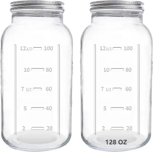 eleganttime 128 oz Mason Jars Extra Wide Mouth 2 Pack, 1 Gallon Glass Large Jars with Airtight Lid, Safe for Food Storage,Curing, Fermentation and Preservation