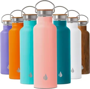 Elemental Classic Stainless Steel Water Bottle - 25oz Leak Proof Double Wall Insulated Water Bottle for Travel, Gym, Sports and Hydration - Thermos Water Bottles with Bamboo Lid - Matte Rose