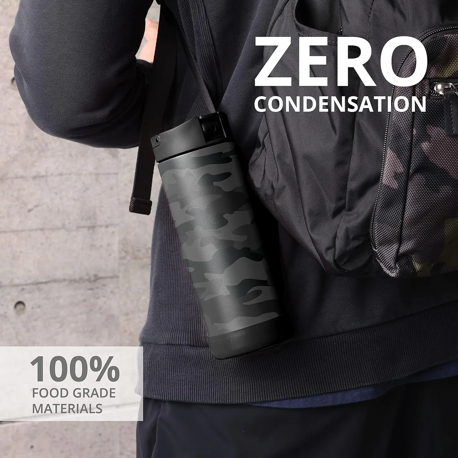 Elemental Iconic Kids Water Bottle with Straw Lid & Stress Relief Pop It Handle, Leak-Proof When Closed, Triple Insulated Kids Stainless Steel Water Bottle For Girls and Boys, 14oz - Black Camo